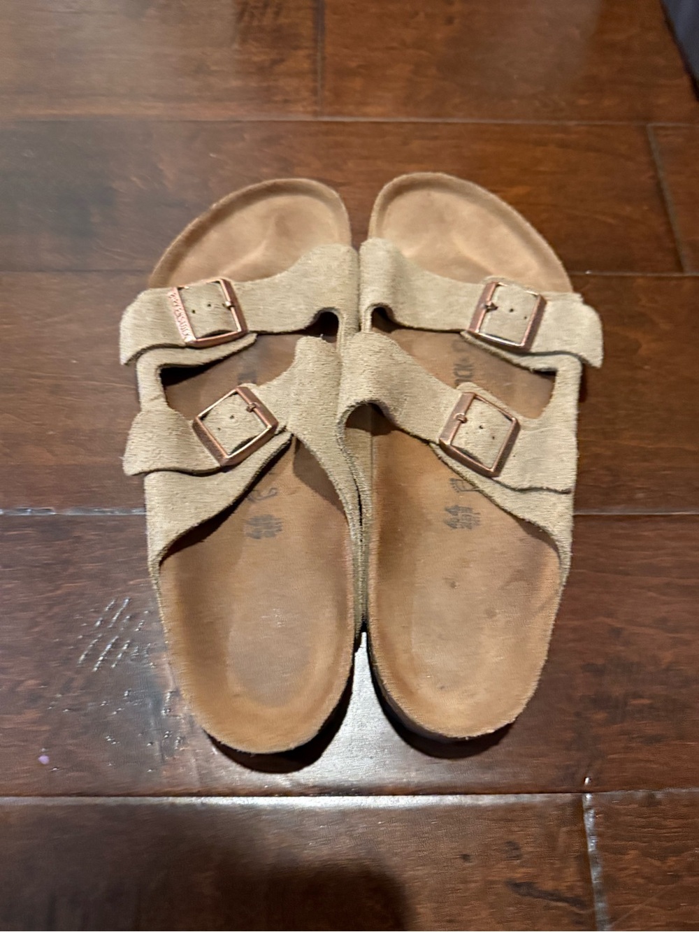 Birkenstock Men’s Double-Buckle Suede Slide Sandals in Light Brown